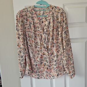 Womens Cream Printed Long-Sleeve V-Neck Blouse Cabi